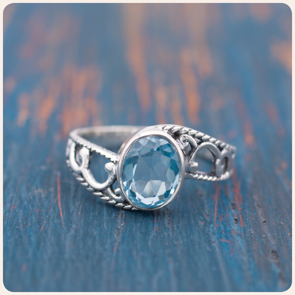 Blue Topaz Silver Filigree Ring 