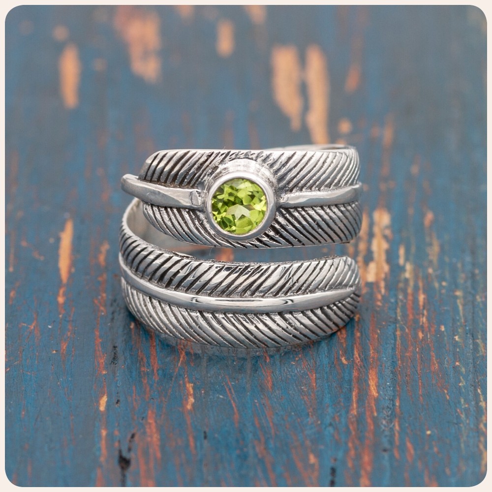 Feather Wrap Silver Ring with Peridot