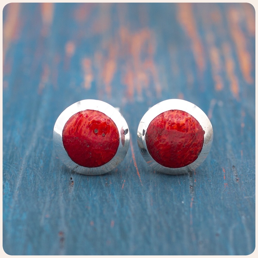 Red Coral Silver Stud Earrings