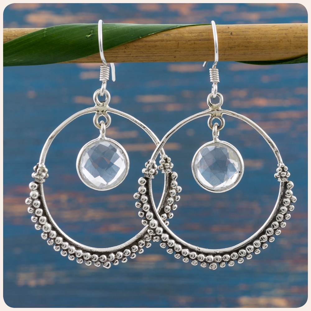 Faceted quartz crystal silver earrings