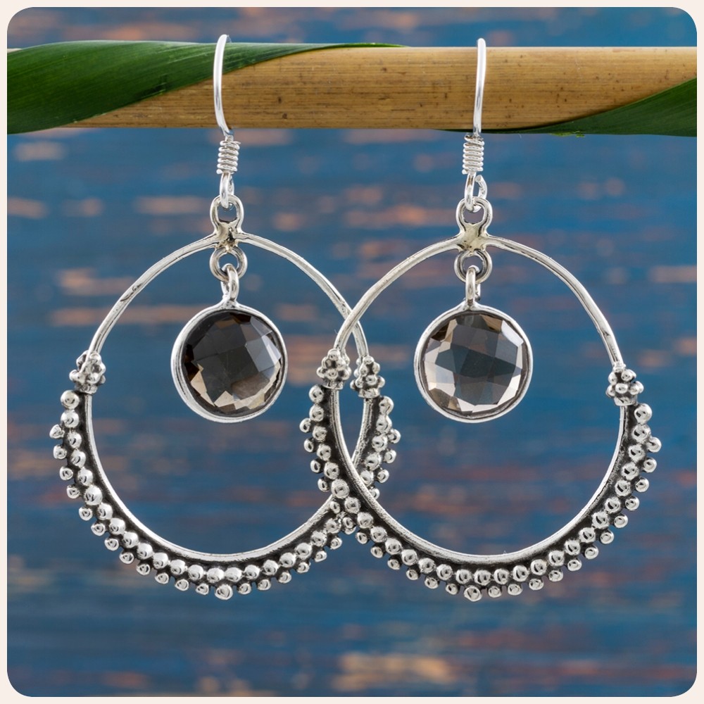 Smoky Quartz Silver Hoop Earrings