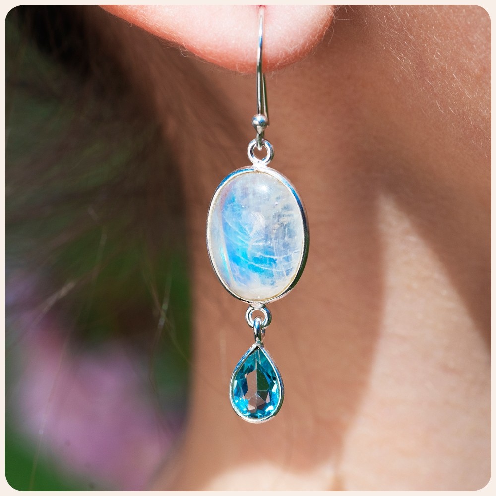 Moonstone and Blue Topaz Silver Drop Earrings