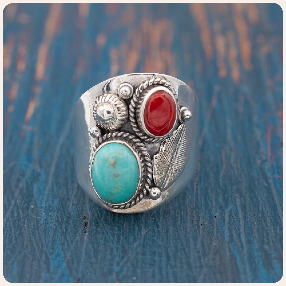Turquoise and Coral Silver Ring