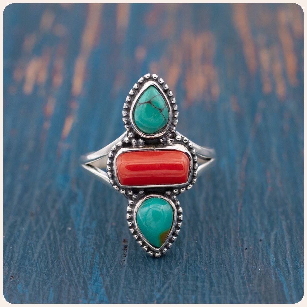 Turquoise and Coral Silver Ring