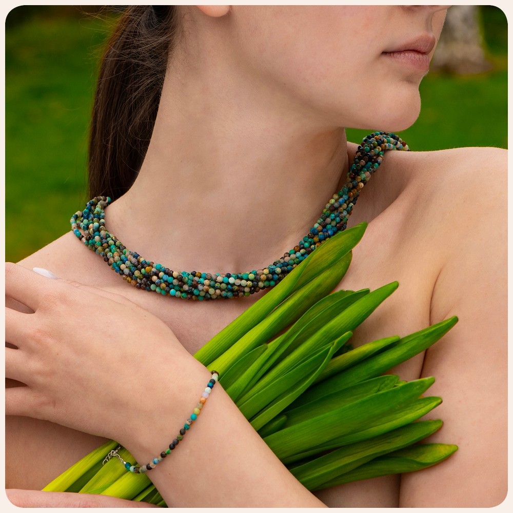 Chrysocolla 3mm Beads Silver Bracelet