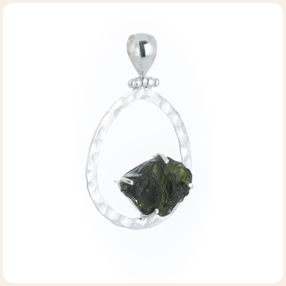 Raw Moldavite Silver Pendant