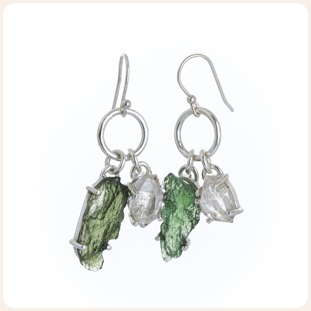 Raw Moldavite & Herkimer Diamond Dangle Silver Earrings