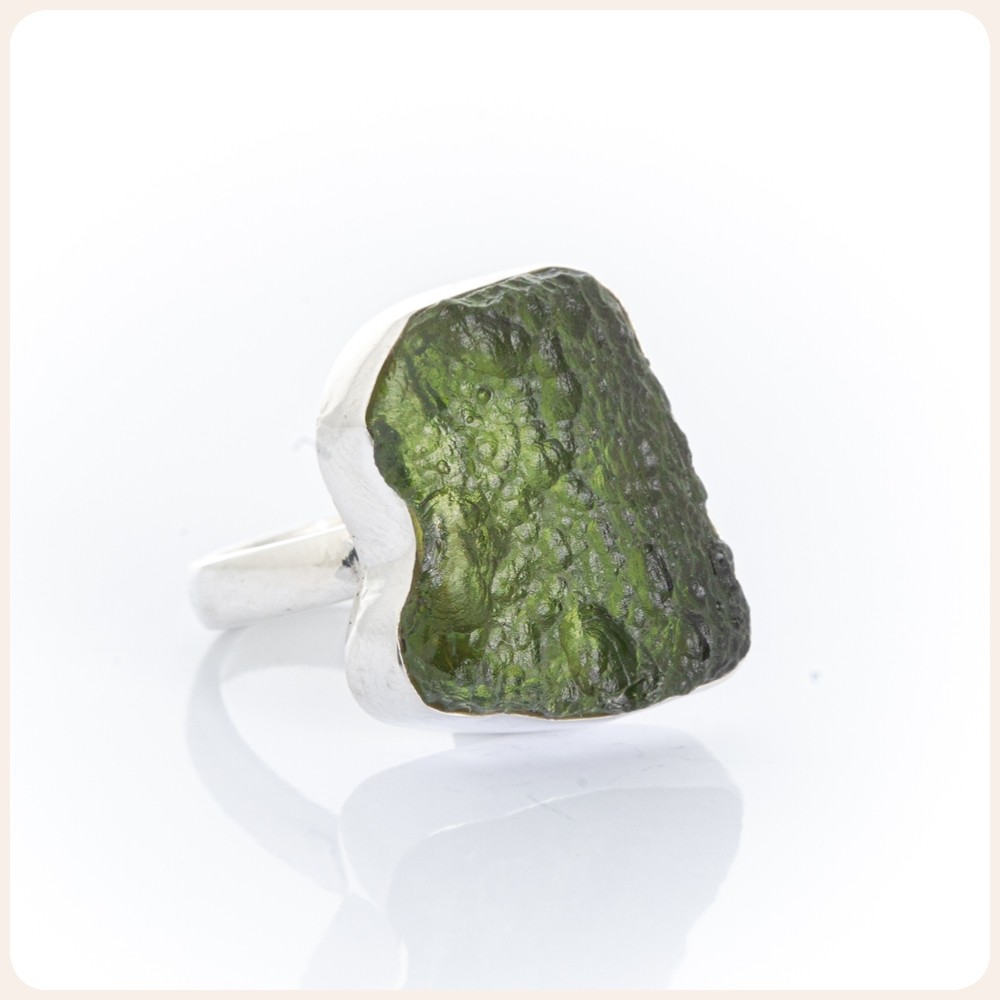 Raw Moldavite Silver Ring, Size 7
