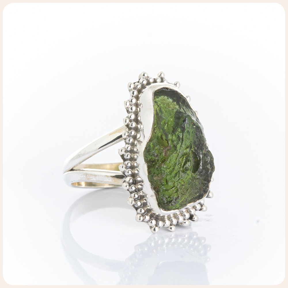 Raw Moldavite Silver Ring, Size 6