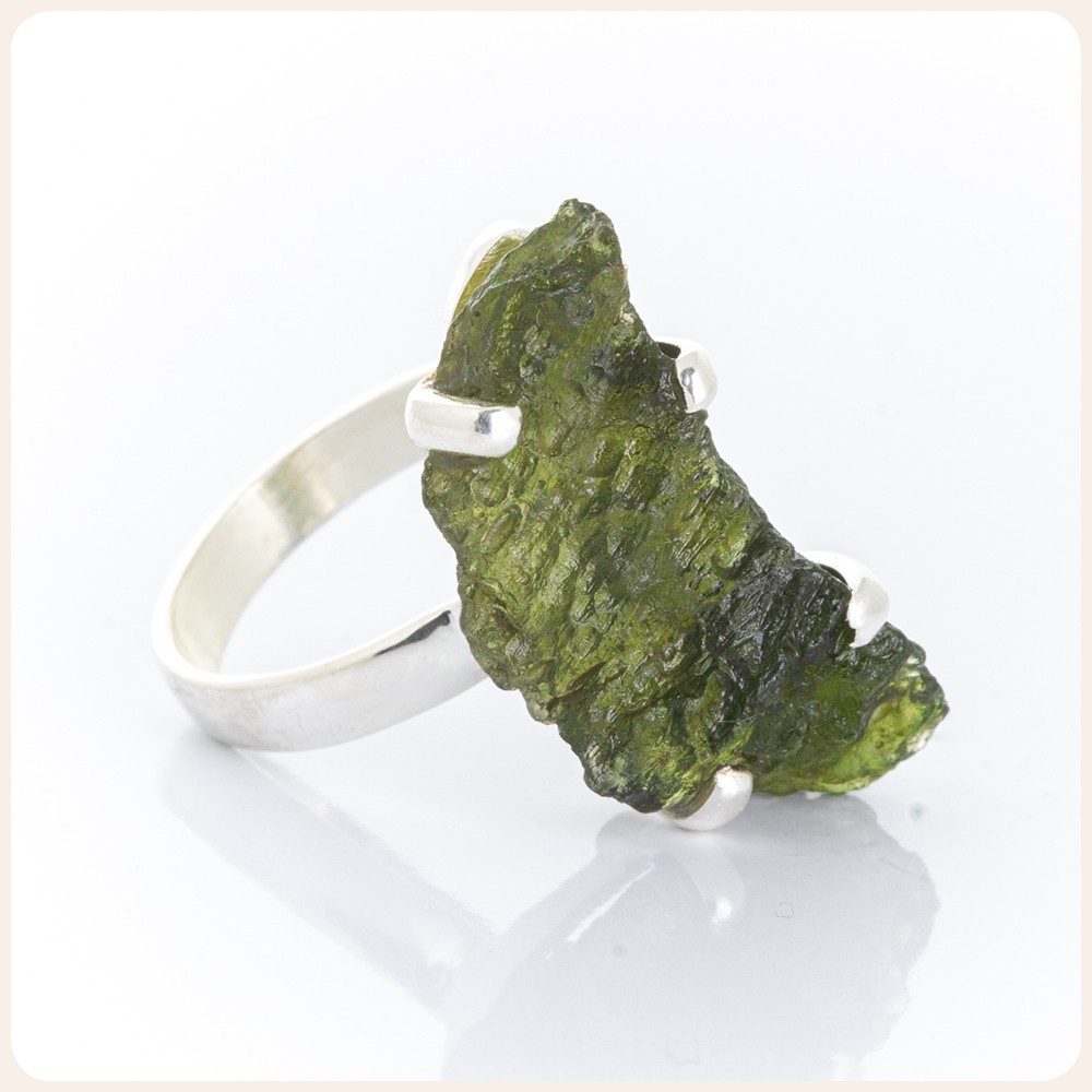 Raw Moldavite Silver Ring, Size 6