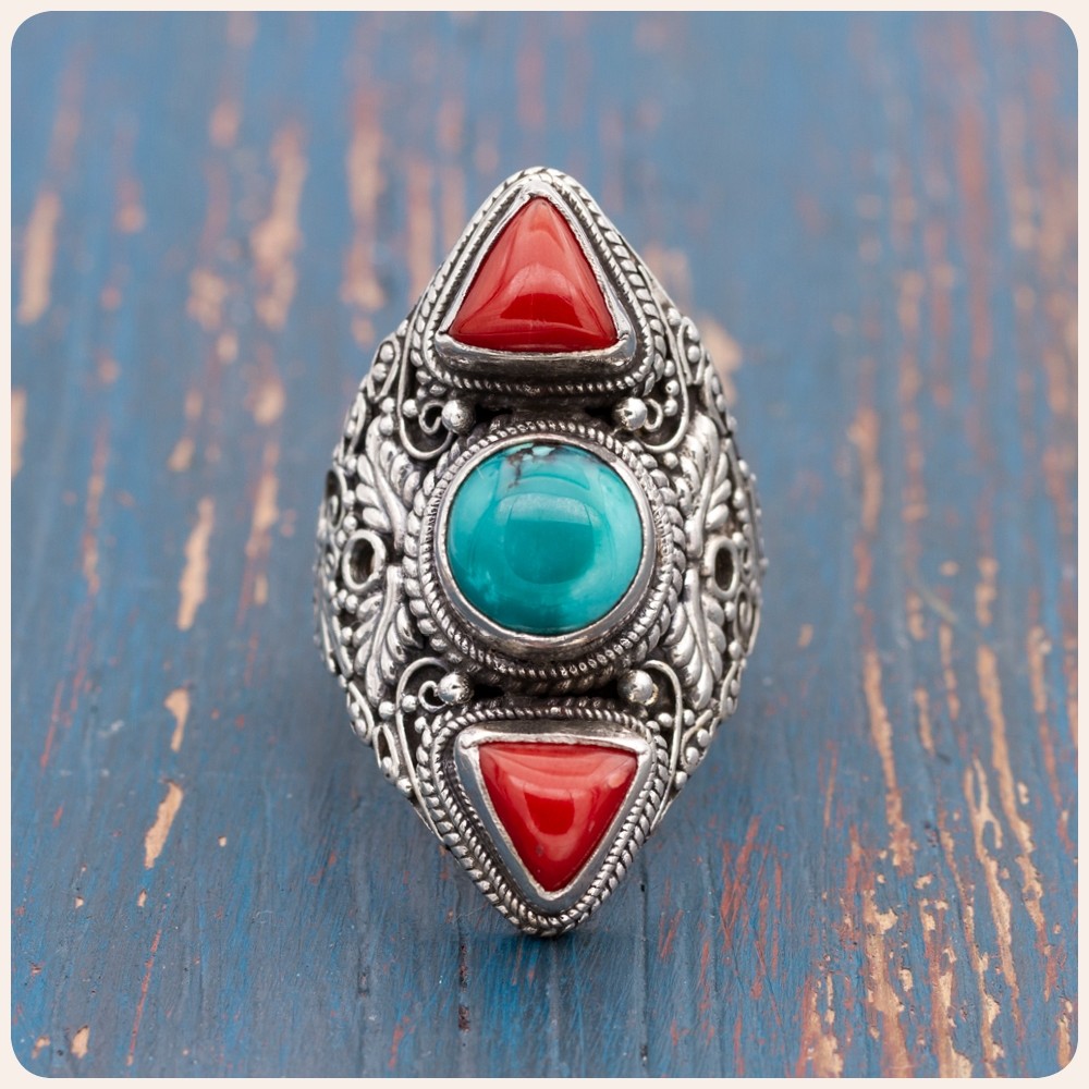Coral and Turquoise Silver Ring
