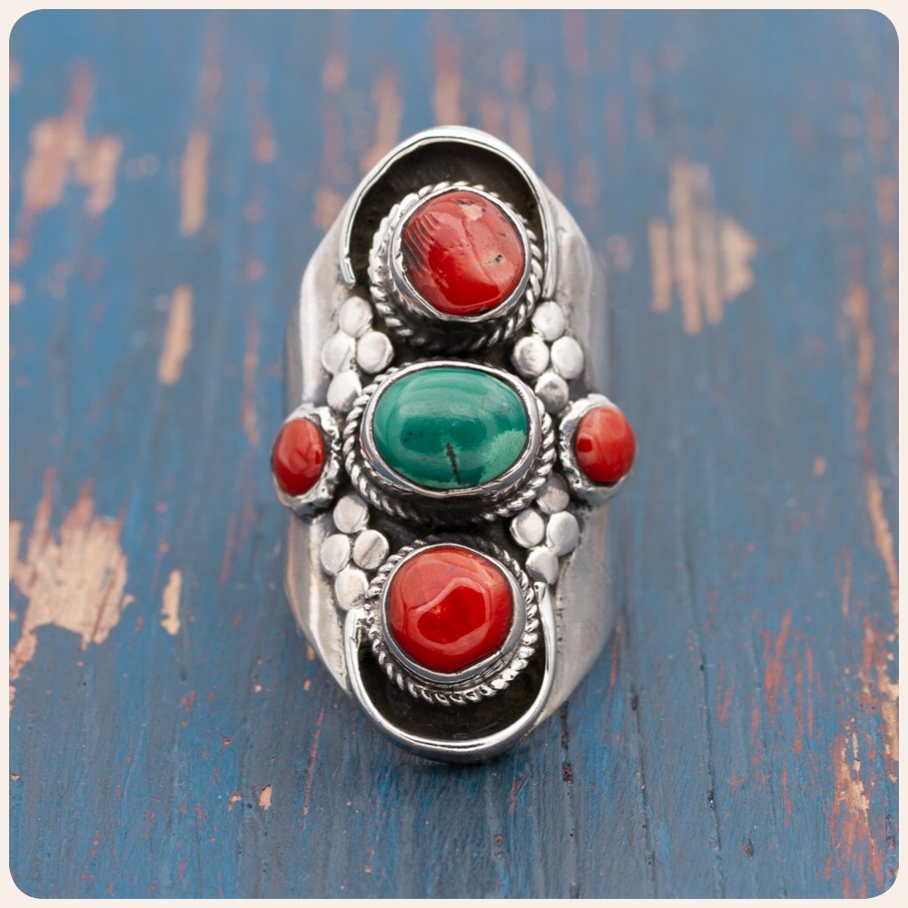 Coral and Turquoise Silver Ring
