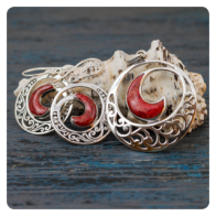 Coral Crescent Moon & Filigree Silver Set 