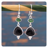 Black Onyx and Vesuvianite Silver Earrings
