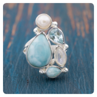 Silver Ring with Larimar, Topaz, Moonstone and Pearl
