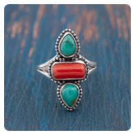 Turquoise and Coral Silver Ring