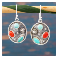 Turquoise and Coral Silver Earrings