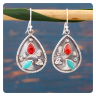 Turquoise and Coral Silver Earrings