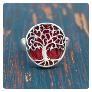 Tree of Life Silver Ring with Coral