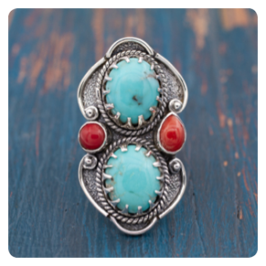 Turquoise and Coral Silver Ring