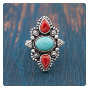 Turquoise and Coral Silver Ring