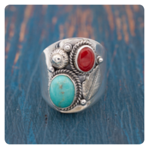 Turquoise and Coral Silver Ring