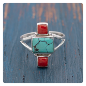 Turquoise and Coral Silver Ring