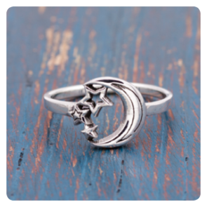 Crescent Moon and Stars Silver Ring