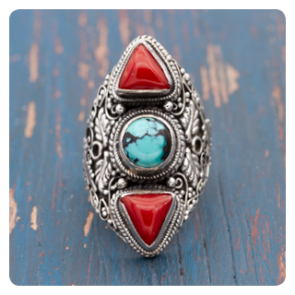Coral and Turquoise Silver Ring