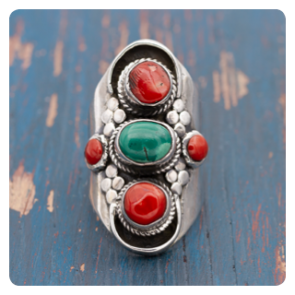 Coral and Turquoise Silver Ring